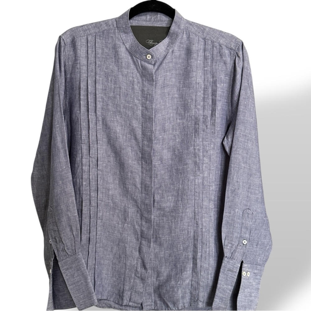 Claridge + King Pintucked Linen Top Shirt Size Large Blue